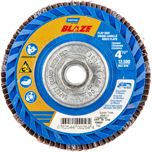 ‎4-1/2 × 5/8 - 11″ Blaze Plastic Flat Flap Disc Type 27 60 Grit R980P Premium Ceramic Alumina - First Tool & Supply