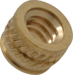 E-Z LOK - #6-32, 0.199" Small to 0.206" Large End Hole Diam, Brass Single Vane Tapered Hole Threaded Insert - 0.22" Insert, 0.203" Pilot Diam, 0.15" OAL, 0.116" Min Wall Thickness - First Tool & Supply