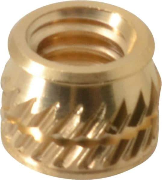 E-Z LOK - #8-32, 0.226" Small to 0.234" Large End Hole Diam, Brass Single Vane Tapered Hole Threaded Insert - 1/4" Insert, 0.23" Pilot Diam, 0.185" OAL, 0.133" Min Wall Thickness - First Tool & Supply