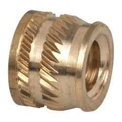 E-Z LOK - 1/4-20, 0.349" Small to 0.363" Large End Hole Diam, Brass Single Vane Tapered Hole Threaded Insert - 3/8" Insert, 0.354" Pilot Diam, 0.3" OAL, 0.194" Min Wall Thickness - First Tool & Supply