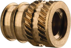 E-Z LOK - #10-24, 0.246" Small to 0.277" Large End Hole Diam, Brass Double Vane Tapered Hole Threaded Insert - 19/64" Insert, 1/4" Pilot Diam, 3/8" OAL, 0.159" Min Wall Thickness - First Tool & Supply