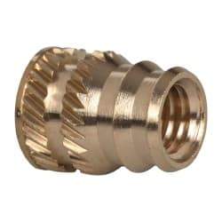 E-Z LOK - #10-32, 0.246" Small to 0.277" Large End Hole Diam, Brass Double Vane Tapered Hole Threaded Insert - 19/64" Insert, 1/4" Pilot Diam, 3/8" OAL, 0.159" Min Wall Thickness - First Tool & Supply