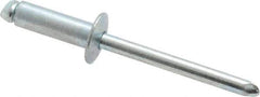 RivetKing - Size 66 Dome Head Steel Open End Blind Rivet - Steel Mandrel, 0.251" to 3/8" Grip, 3/8" Head Diam, 0.192" to 0.196" Hole Diam, 0.575" Length Under Head, 3/16" Body Diam - First Tool & Supply