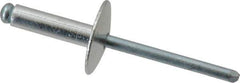 RivetKing - Size 68 Large Flange Dome Head Aluminum Open End Blind Rivet - Steel Mandrel, 0.376" to 1/2" Grip, 5/8" Head Diam, 0.192" to 0.196" Hole Diam, 0.7" Length Under Head, 3/16" Body Diam - First Tool & Supply