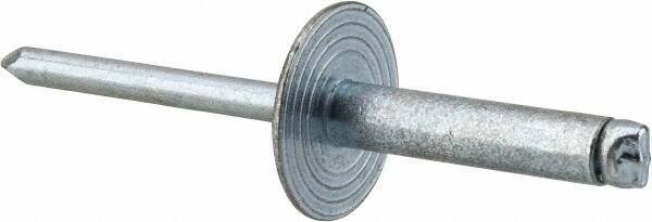 RivetKing - Size 610 Large Flange Dome Head Steel Open End Blind Rivet - Steel Mandrel, 0.501" to 5/8" Grip, 5/8" Head Diam, 0.192" to 0.196" Hole Diam, 0.825" Length Under Head, 3/16" Body Diam - First Tool & Supply