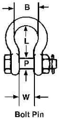 Campbell - 1-3/4" Nominal Chain Size, 25. Ton Carbon Steel Bolt Anchor Shackle - 1-3/4" Diam, 1-3/4" Pin Diam, 7" High x 2-7/8" Wide Inside Jaw, 4-3/4" Inside Width, 4" Max Body Thickness - First Tool & Supply