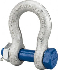 Campbell - 7/8" Nominal Chain Size, 6.5 Ton Carbon Steel Bolt Anchor Shackle - 7/8" Diam, 7/8" Pin Diam, 3-1/8" High x 1-7/16" Wide Inside Jaw, 2-1/16" Inside Width, 2" Max Body Thickness - First Tool & Supply