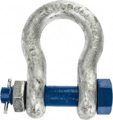 Campbell - 1" Nominal Chain Size, 8.5 Ton Carbon Steel Bolt Anchor Shackle - 1" Diam, 1" Pin Diam, 3-3/4" High x 1-11/16" Wide Inside Jaw, 2-1/2" Inside Width, 2-3/8" Max Body Thickness - First Tool & Supply