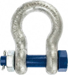 Campbell - 1-1/8" Nominal Chain Size, 9.5 Ton Carbon Steel Bolt Anchor Shackle - 1-1/8" Diam, 1-1/8" Pin Diam, 4-1/4" High x 1-13/16" Wide Inside Jaw, 2-15/16" Inside Width, 2-5/8" Max Body Thickness - First Tool & Supply