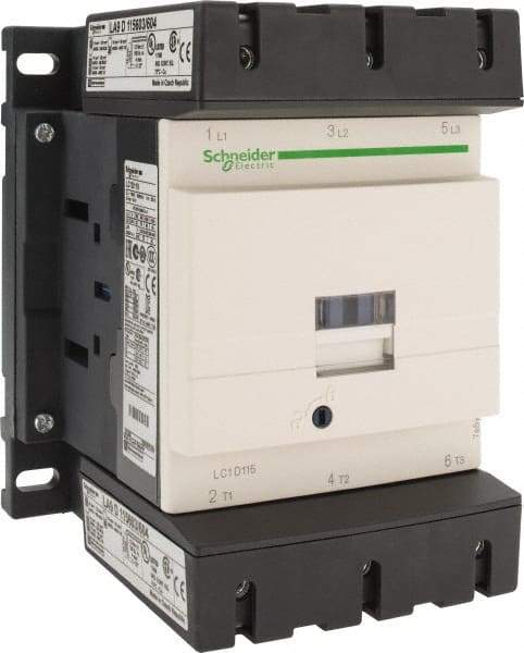 Schneider Electric - 3 Pole, 220 Coil VAC at 50/60 Hz, 115 Amp at 440 VAC, Nonreversible IEC Contactor - Bureau Veritas, CCC, CSA, CSA C22.2 No. 14, DNV, EN/IEC 60947-4-1, EN/IEC 60947-5-1, GL, GOST, LROS, RINA, RoHS Compliant, UL 508, UL Listed - First Tool & Supply