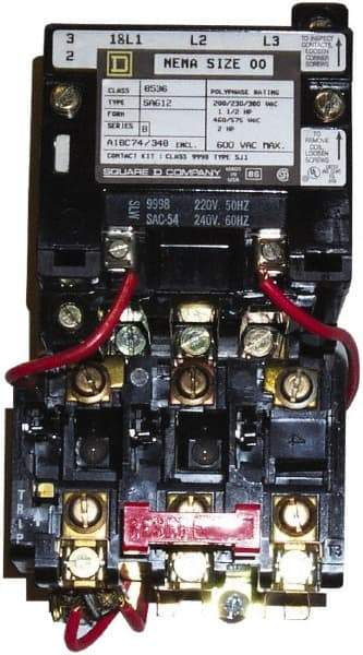 Square D - 220 Coil VAC at 50 Hz, 240 Coil VAC at 60 Hz, 9 Amp, Nonreversible Open Enclosure NEMA Motor Starter - 1 Phase hp: 1 at 230 VAC, 1/3 at 115 VAC - First Tool & Supply