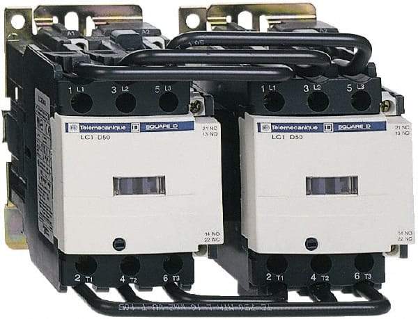 Schneider Electric - 3 Pole, 120 Coil VAC at 50/60 Hz, 50 Amp, Reversible IEC Contactor - Bureau Veritas, CCC, CSA, CSA C22.2 No. 14, DNV, EN/IEC 60947-4-1, EN/IEC 60947-5-1, GL, GOST, LROS, RINA, UL 508, UL Listed - First Tool & Supply