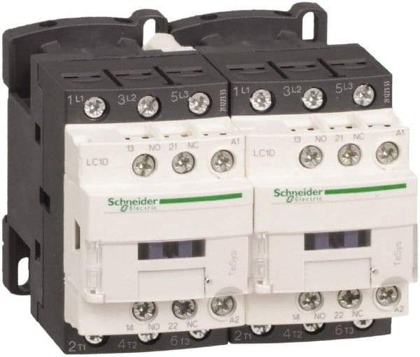 Schneider Electric - 3 Pole, 220 Coil VAC at 50/60 Hz, 12 Amp at 440 VAC, Reversible IEC Contactor - 1 Phase hp: 1 at 115 VAC, 2 at 230/240 VAC, 3 Phase hp: 10 at 575/600 VAC, 3 at 200/208 VAC, 3 at 230/240 VAC, 7.5 at 460/480 VAC - First Tool & Supply