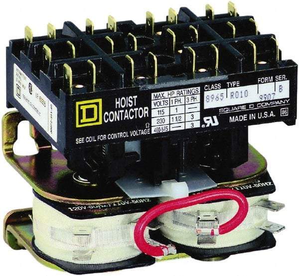 Square D - 3 Pole, 110 Coil VAC at 50 Hz and 120 Coil VAC at 60 Hz, Reversible Definite Purpose Contactor - Phase 1 and Phase 3 Hp:  1 at 115 VAC, 1.5 at 230 VAC, 3 at 230 VAC, 3 at 460 VAC, 3 at 575 VAC, CSA, RoHS Compliant, UL Listed - First Tool & Supply