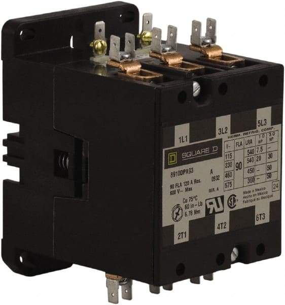 Square D - 3 Pole, 90 Amp Inductive Load, 277 Coil VAC at 60 Hz, Definite Purpose Contactor - Phase 1 and Phase 3 Hp:  20 at 230 VAC, 30 at 230 VAC, 50 at 460 VAC, 50 at 575 VAC, 7.5 at 115 VAC, 120 Amp Resistive Rating, CE, CSA, UL Listed - First Tool & Supply