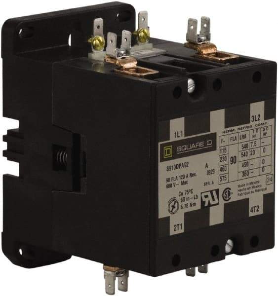 Square D - 2 Pole, 90 Amp Inductive Load, 110 Coil VAC at 50 Hz and 120 Coil VAC at 60 Hz, Definite Purpose Contactor - Phase 1 Hp:  20 at 230 VAC, 7.5 at 115 VAC, 120 Amp Resistive Rating, CE, CSA, UL Listed - First Tool & Supply