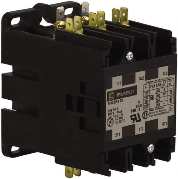 Square D - 3 Pole, 50 Amp Inductive Load, 277 Coil VAC at 60 Hz, Definite Purpose Contactor - Phase 1 and Phase 3 Hp:  10 at 230 VAC, 15 at 230 VAC, 3 at 115 VAC, 30 at 460 VAC, 30 at 575 VAC, 65 Amp Resistive Rating, CE, CSA, UL Listed - First Tool & Supply