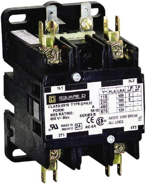 Square D - 2 Pole, 75 Amp Inductive Load, 208 to 240 Coil VAC at 60 Hz and 220 Coil VAC at 50 Hz, Definite Purpose Contactor - Phase 1 Hp:  15 at 230 VAC, 5 at 115 VAC, 94 Amp Resistive Rating, CE, CSA, UL Listed - First Tool & Supply