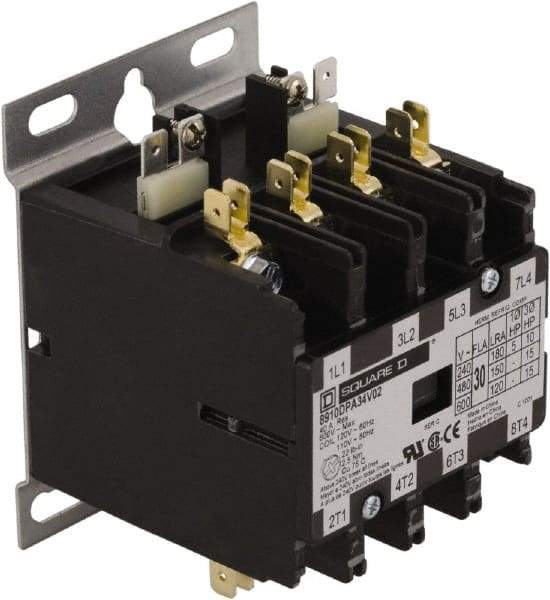 Square D - 4 Pole, 30 Amp Inductive Load, 24 Coil VAC at 50/60 Hz, Definite Purpose Contactor - Phase 1 and Phase 3 Hp:  10 at 230 VAC, 15 at 460 VAC, 2 at 115 VAC, 20 at 575 VAC, 5 at 230 VAC, 40 Amp Resistive Rating, CE, CSA, UL Listed - First Tool & Supply