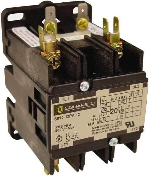 Square D - 3 Pole, 25 Amp Inductive Load, 277 Coil VAC at 60 Hz, Definite Purpose Contactor - Phase 1 and Phase 3 Hp:  10 at 230 VAC, 15 at 460 VAC, 2 at 115 VAC, 20 at 575 VAC, 5 at 230 VAC, 35 Amp Resistive Rating, CE, CSA, UL Listed - First Tool & Supply