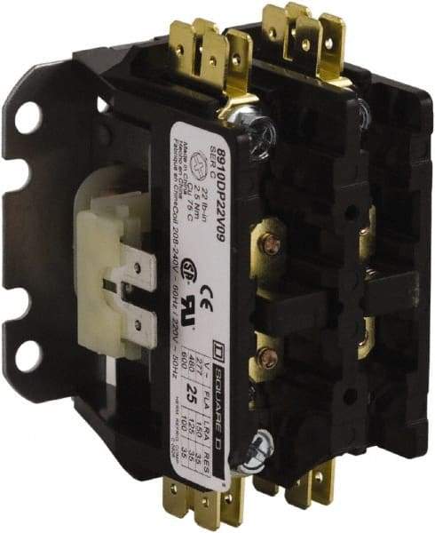 Square D - 2 Pole, 20 Amp Inductive Load, 440 Coil VAC at 50 Hz and 480 Coil VAC at 60 Hz, Definite Purpose Contactor - Phase 1 Hp:  1 at 115 VAC, 2 at 230 VAC, 30 Amp Resistive Rating, CE, CSA, UL Listed - First Tool & Supply