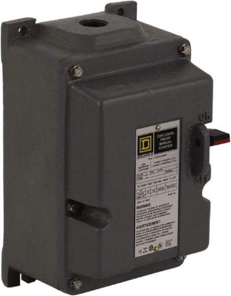 Square D - 3 Poles, 18 Amp, M-0 NEMA, Enclosed Pushbutton Manual Motor Starter - 3 hp at 200 to 230 VAC & 5 hp at 380 to 575 VAC, CSA, NEMA 7/9 & UL Listed - First Tool & Supply