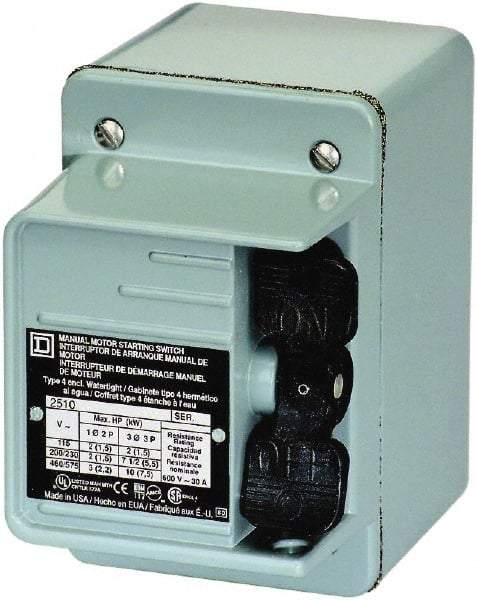 Square D - 2 Poles, 30 Amp, NEMA, Enclosed Toggle Manual Motor Starter - 1 hp at 90 VDC, 1-1/2 hp at 230 VDC, 2 hp at 115 VAC, 2 hp at 115 VDC, 2 hp at 230 VAC, 3 hp at 460 VAC & 3 hp at 575 VAC, CE, CSA, NEMA 4 & UL Listed - First Tool & Supply