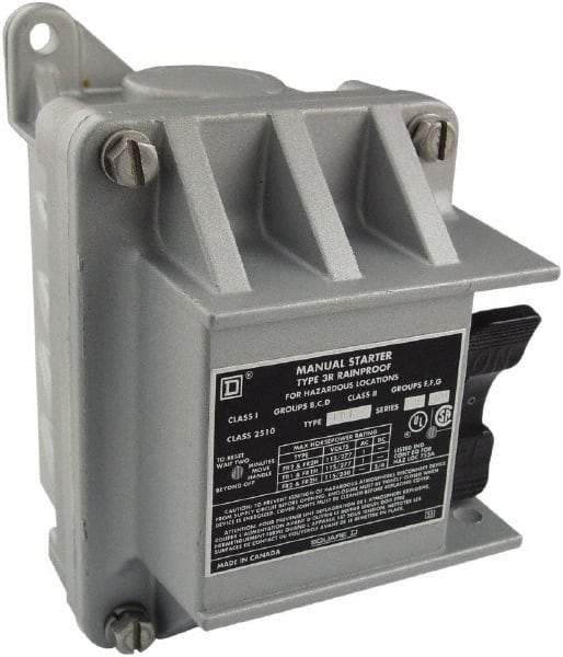 Square D - 1 Pole, 16 Amp, NEMA, Enclosed Toggle Manual Motor Starter - 1 hp at 115 VAC, 1 hp at 230 VAC, 1 hp at 277 VAC, CE, CSA, NEMA 3R/7/9 & UL Listed - First Tool & Supply