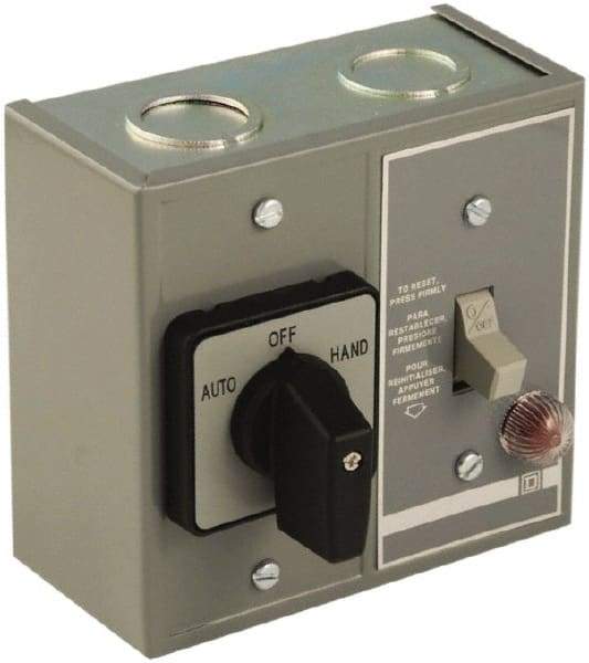 Square D - 2 Poles, 16 Amp, NEMA, Enclosed Toggle Manual Motor Starter - 1 hp at 115 VAC, 1 hp at 230 VAC, 1 hp at 277 VAC, 3/4 hp at 115 VDC & 3/4 hp at 230 VDC, CE, CSA, NEMA 1 & UL Listed - First Tool & Supply