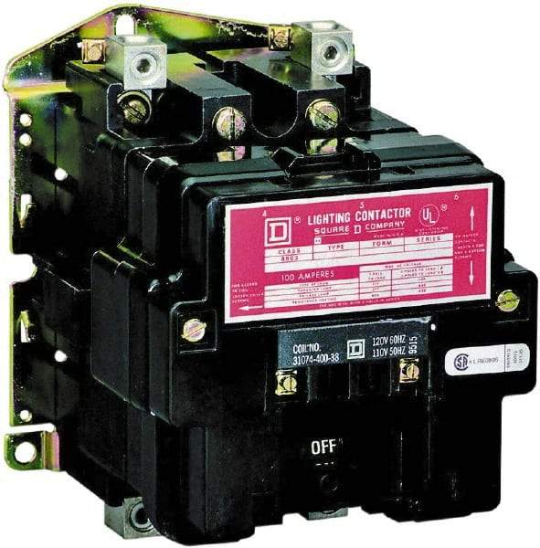 Square D - No Enclosure, 2 Pole, Electrically Held Lighting Contactor - 100 A (Tungsten), 220 VAC at 50 Hz, 240 VAC at 60 Hz - First Tool & Supply