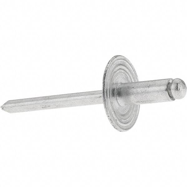 Value Collection - Size 64 Large Flange Dome Head Aluminum Open End Blind Rivet - Aluminum Mandrel, 0.062" to 1/4" Grip, 0.615" Head Diam, 0.192" to 0.196" Hole Diam, 0.45" Length Under Head, 3/16" Body Diam - First Tool & Supply