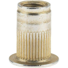 Value Collection - #8-32, 0.265 Insert Diam, 0.42" OAL, Knurled Body Open End Threaded Insert - 0.2656" Hole Diam, 0.39" Head Diam, 1008/1010 Steel, Clear Protective Coating & Zinc Yellow Dichromate Finish - First Tool & Supply