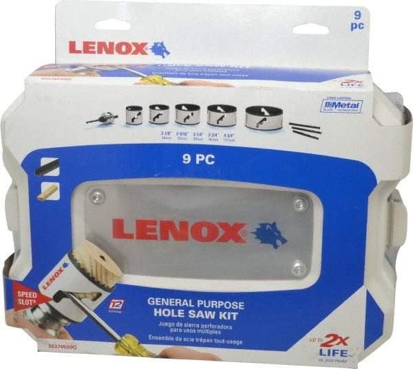 Lenox - 9 Piece, 2-1/8" to 4-3/4" Saw Diam, General Purpose Hole Saw Kit - Bi-Metal, Includes 5 Hole Saws - First Tool & Supply