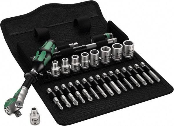 Wera - 28 Piece 1/4" Drive Standard Socket Set - 6 Points, 5 to 13mm, T10 to T40 Torx, Metric Measurement Standard - First Tool & Supply