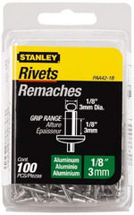 Stanley - Button Head Aluminum Color Coded Blind Rivet - Aluminum Mandrel, 0.062" to 1/8" Grip, 1/4" Head Diam, 0.125" to 0.133" Hole Diam, 0.275" Length Under Head, 1/8" Body Diam - First Tool & Supply