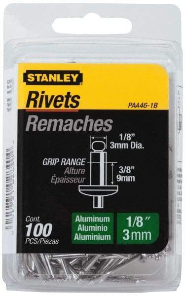 Stanley - Aluminum Color Coded Blind Rivet - Aluminum Mandrel, 0.313" to 3/8" Grip, 1/4" Head Diam, 0.125" to 0.133" Hole Diam, 0.525" Length Under Head, 1/8" Body Diam - First Tool & Supply