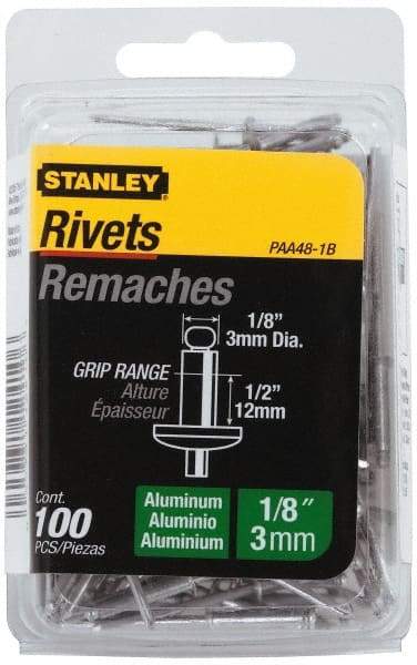 Stanley - Aluminum Color Coded Blind Rivet - Aluminum Mandrel, 3/8" to 1/2" Grip, 1/4" Head Diam, 0.125" to 0.133" Hole Diam, 0.65" Length Under Head, 1/8" Body Diam - First Tool & Supply