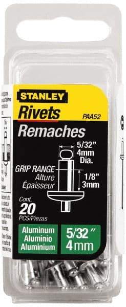 Stanley - Aluminum Color Coded Blind Rivet - Aluminum Mandrel, 0.031" to 1/8" Grip, 5/16" Head Diam, 0.156" to 0.164" Hole Diam, 0.3" Length Under Head, 5/32" Body Diam - First Tool & Supply