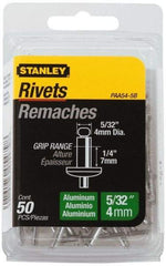 Stanley - Aluminum Color Coded Blind Rivet - Aluminum Mandrel, 0.188" to 1/4" Grip, 5/16" Head Diam, 0.156" to 0.164" Hole Diam, 0.425" Length Under Head, 5/32" Body Diam - First Tool & Supply