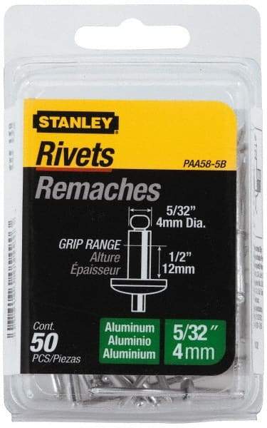 Stanley - Aluminum Color Coded Blind Rivet - Aluminum Mandrel, 3/8" to 1/2" Grip, 5/16" Head Diam, 0.156" to 0.164" Hole Diam, 0.675" Length Under Head, 5/32" Body Diam - First Tool & Supply