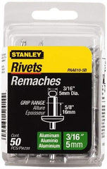 Stanley - Aluminum Color Coded Blind Rivet - Aluminum Mandrel, 1/2" to 5/8" Grip, 3/8" Head Diam, 0.188" to 0.196" Hole Diam, 0.825" Length Under Head, 3/16" Body Diam - First Tool & Supply