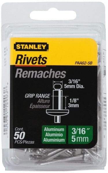 Stanley - Aluminum Color Coded Blind Rivet - Aluminum Mandrel, 0.032" to 1/8" Grip, 3/8" Head Diam, 0.188" to 0.196" Hole Diam, 0.325" Length Under Head, 3/16" Body Diam - First Tool & Supply