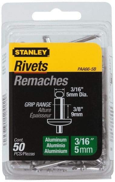 Stanley - Aluminum Color Coded Blind Rivet - Aluminum Mandrel, 0.313" to 3/8" Grip, 3/8" Head Diam, 0.188" to 0.196" Hole Diam, 0.575" Length Under Head, 3/16" Body Diam - First Tool & Supply