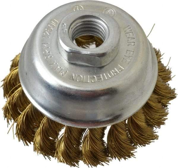Value Collection - 2-3/4" Diam, 5/8-11 Threaded Arbor, Brass Fill Cup Brush - 0.014 Wire Diam, 3/4" Trim Length, 12,500 Max RPM - First Tool & Supply