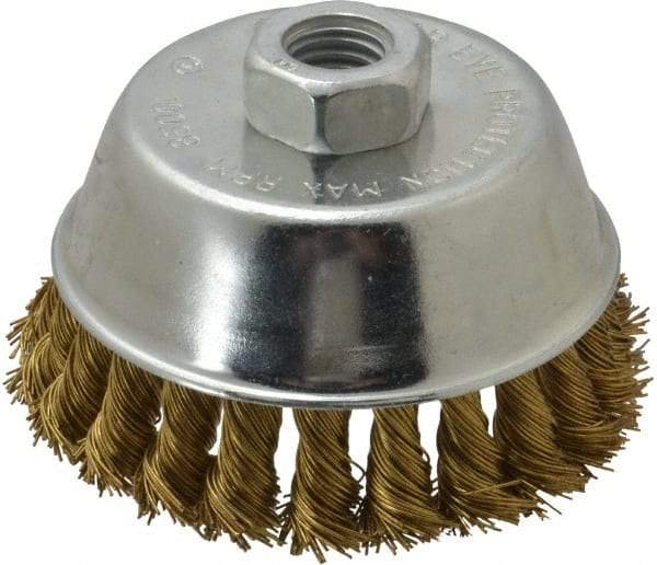 Value Collection - 4" Diam, 5/8-11 Threaded Arbor, Brass Fill Cup Brush - 0.02 Wire Diam, 7/8" Trim Length, 8,500 Max RPM - First Tool & Supply