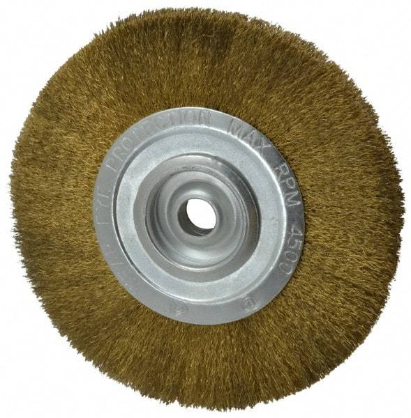 Value Collection - 8" OD, 3/4" Arbor Hole, Crimped Brass Wheel Brush - 1/2" Face Width, 1-3/4" Trim Length, 0.008" Filament Diam, 4,500 RPM - First Tool & Supply