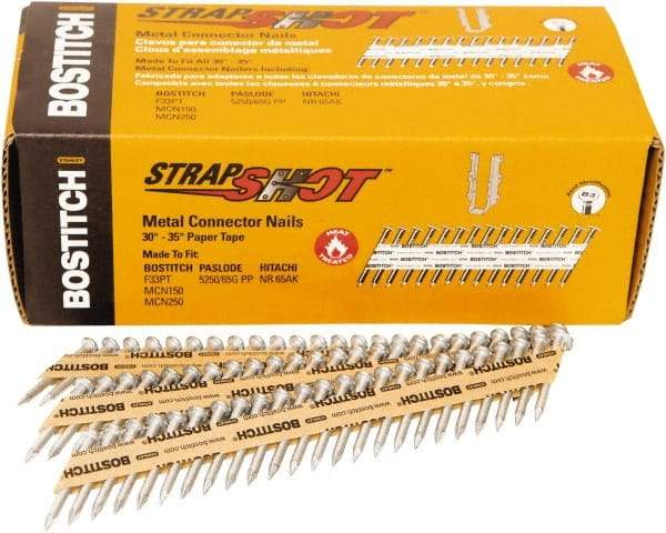 Stanley Bostitch - 16 Gauge 0.0598" Shank Diam 1-1/2" Long Metal Connecting Nails for Power Nailers - Steel, Bright Finish, Smooth Shank, Angled Stick Paper Tape Collation, Round Head - First Tool & Supply