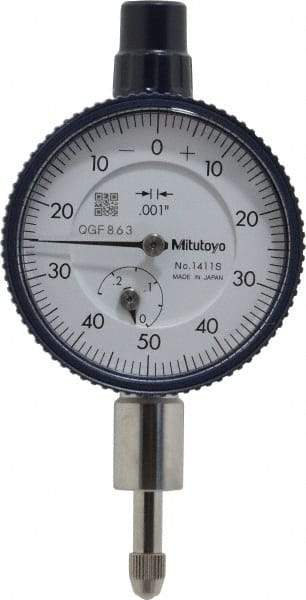 Mitutoyo - 1/4" Range, 0-50-0 Dial Reading, 0.001" Graduation Dial Drop Indicator - 1-5/8" Dial, 0.1" Range per Revolution, 0.001" Accuracy, Revolution Counter - First Tool & Supply