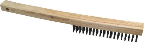 Weiler - 3 Rows x 19 Columns Curved Handle Steel Scratch Brush - 6" Brush Length, 13-1/2" OAL, 1" Trim Length, Wood Curved Handle - First Tool & Supply