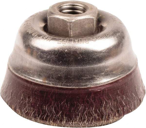 Weiler - 3-1/2" Diam, 5/8-11 Threaded Arbor, Steel Fill Cup Brush - 0.014 Wire Diam, 7/8" Trim Length, 12,000 Max RPM - First Tool & Supply